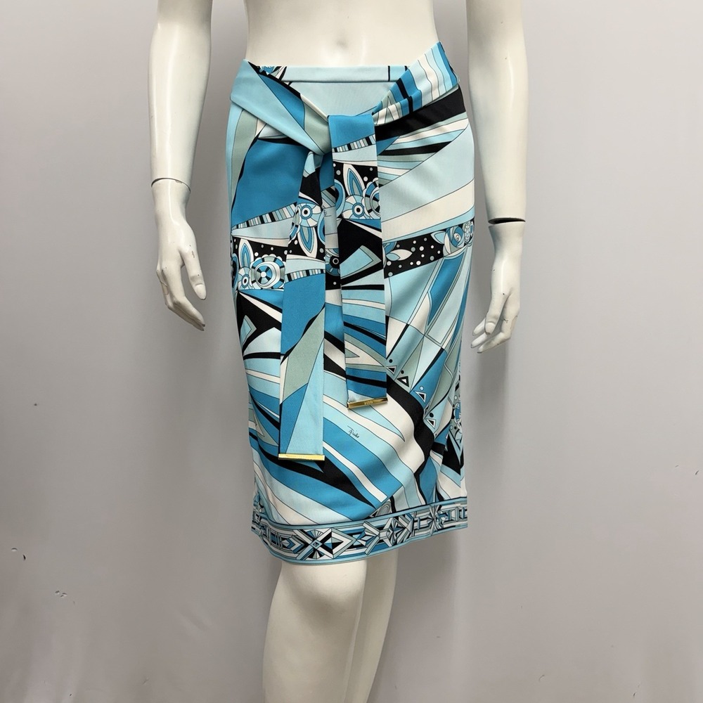 Emilio Pucci Skirt With Belt Signed Black Blue Turquoise White I 46 F 42 USA 12